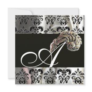 DIAMOND FEATHERS SILVER BLACK SILK DAMASK MONOGRAM