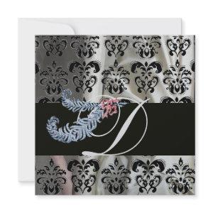 DIAMOND FEATHERS SILVER BLACK SILK DAMASK MONOGRAM