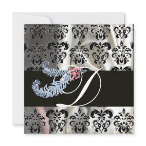 DIAMOND FEATHERS WHITE BLACK SILK DAMASK MONOGRAM