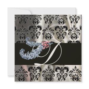 DIAMOND FEATHERS WHITE BLACK SILK DAMASK MONOGRAM
