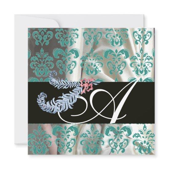 DIAMOND FEATHERS WHITE BLUE SILK DAMASK MONOGRAM