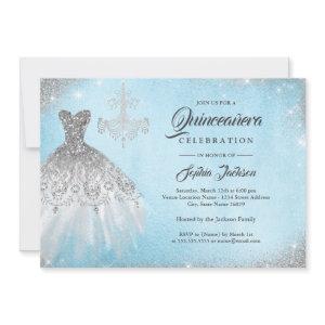 Diamond Lace Gown Silver Blue Quinceanera