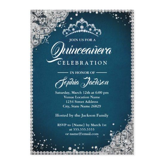 Diamond Lace Sparkle Blue Silver Quinceanera