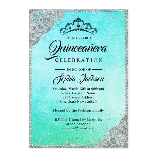 Diamond Lace Sparkle Blue Teal Quinceanera
