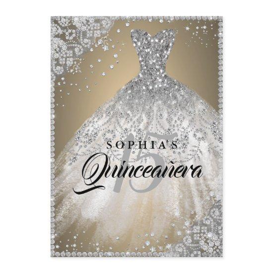 Diamond Lace Sparkle Gown Gold Silver Quinceanera