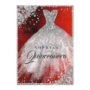Diamond Lace Sparkle Gown Red Silver Quinceanera