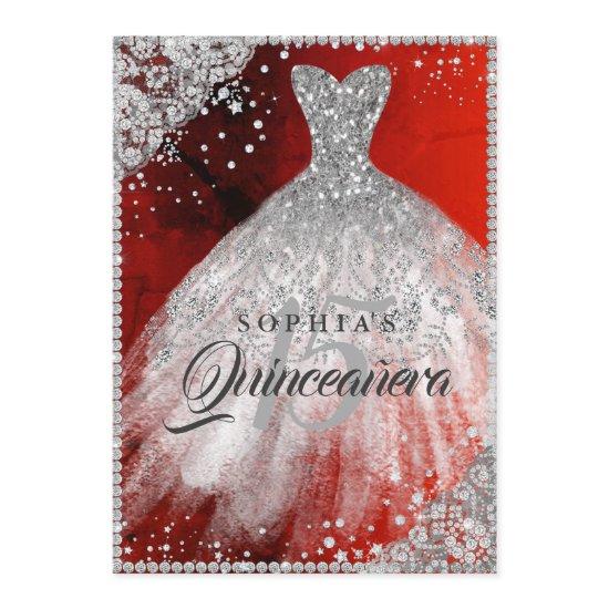 Diamond Lace Sparkle Gown Red Silver Quinceanera