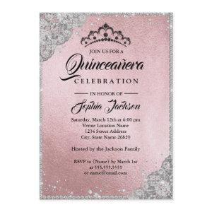 Diamond Lace Sparkle Pink Silver Quinceanera