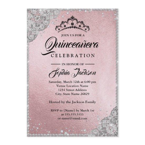 Diamond Lace Sparkle Pink Silver Quinceanera