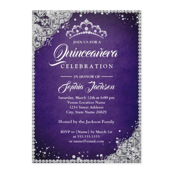 Diamond Lace Sparkle Purple Silver Quinceanera
