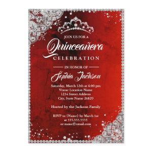 Diamond Lace Sparkle Red Silver Quinceanera