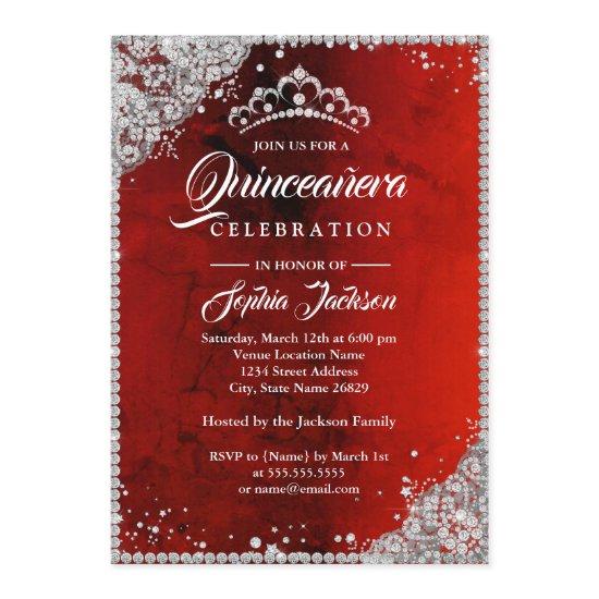 Diamond Lace Sparkle Red Silver Quinceanera