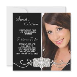Diamond Silver Black Photo Sweet Sixteen Birthday