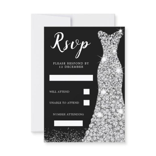 Diamond Sparkle Dress Birthday Party Bridal Black RSVP Card