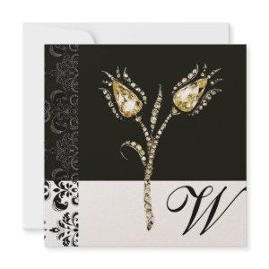 DIAMOND TULIPS , Black and Gold  Damask Monogram Announcement