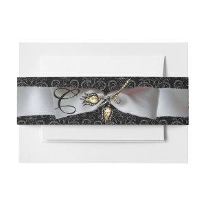 DIAMOND TULIPS Black White Damask Ribbon Monogram  Belly Band