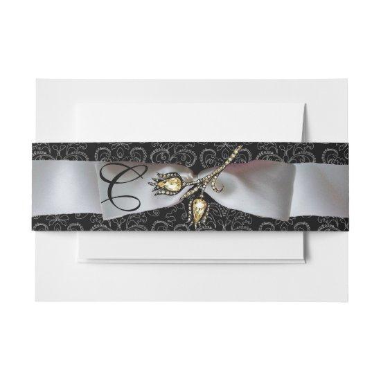 DIAMOND TULIPS Black White Damask Ribbon Monogram  Belly Band