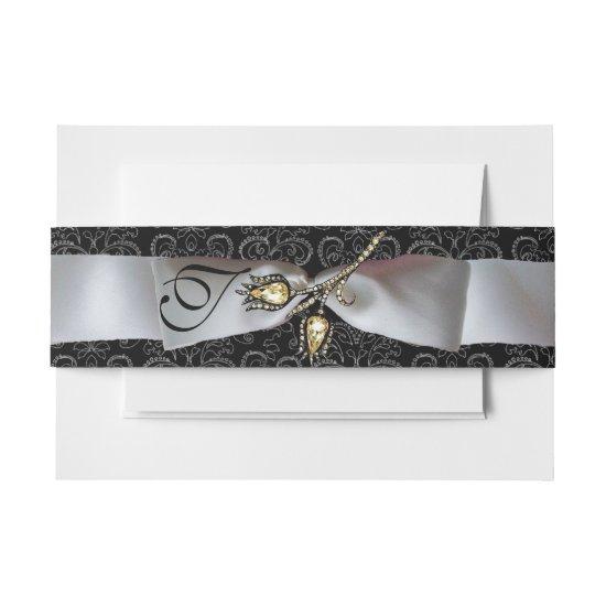DIAMOND TULIPS Black White Damask Ribbon Monogram  Belly Band