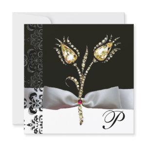 DIAMOND TULIPS ,Pink Black White Damask Monogram Announcement