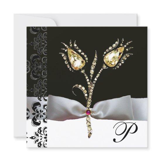 DIAMOND TULIPS ,Pink Black White Damask Monogram Announcement