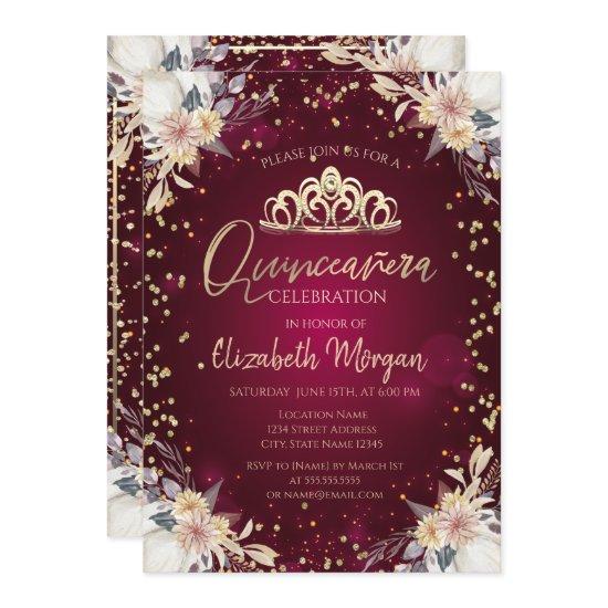 Diamonds Burgundy Pumpkin Floral Quinceañera