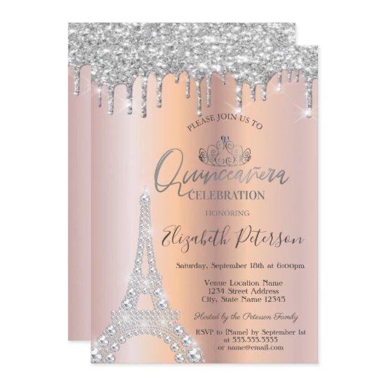 Diamonds Eiffel Tower,Drips Silver Quinceañera