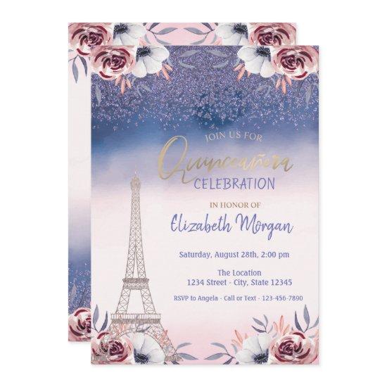 Diamonds,Eiffel Tower Ombre Roses Quinceanera