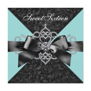 Diamonds Teal Blue Black Sweet 16 Birthday Party