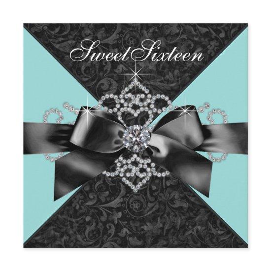 Diamonds Teal Blue Black Sweet 16 Birthday Party