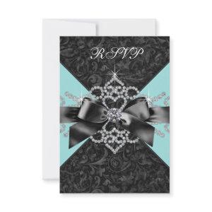 Diamonds Teal Blue Black Sweet 16 Birthday Party RSVP Card