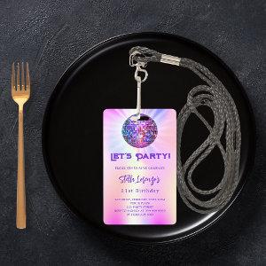Disco party pink holographic birthday  badge