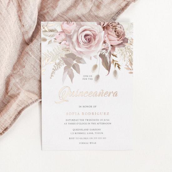 Divine Rose Gold Blush Floral Quinceanera Foil