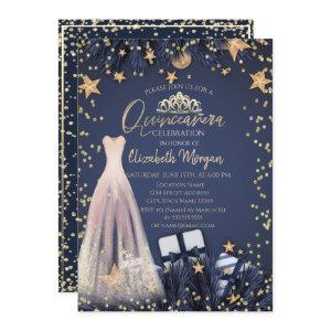 Dress,Branches,Diamonds Navy Blue Quinceañera