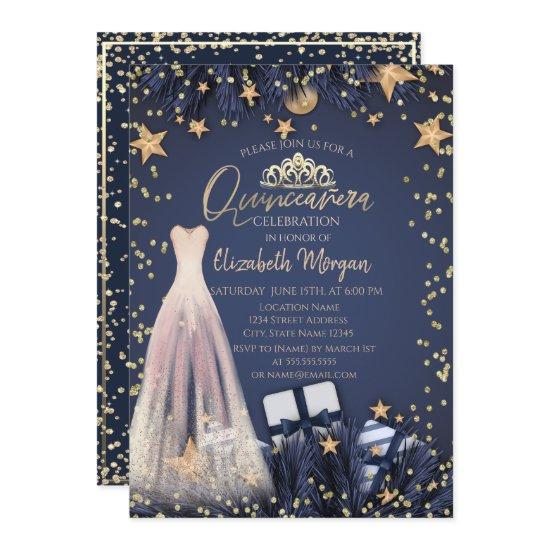Dress,Branches,Diamonds Navy Blue Quinceañera