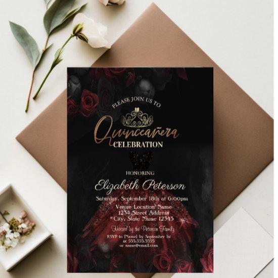 Dress,Tiara,Red Roses Quinceañera