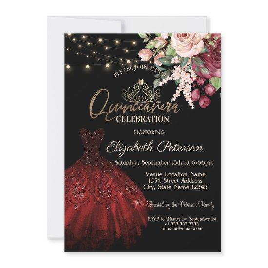 Dress,Tiara,String Lights Floral Black Quinceañera