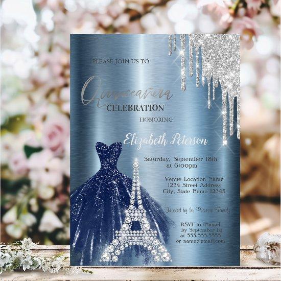 Drips,Blue Dress,Eiffel Metallic Quinceañera