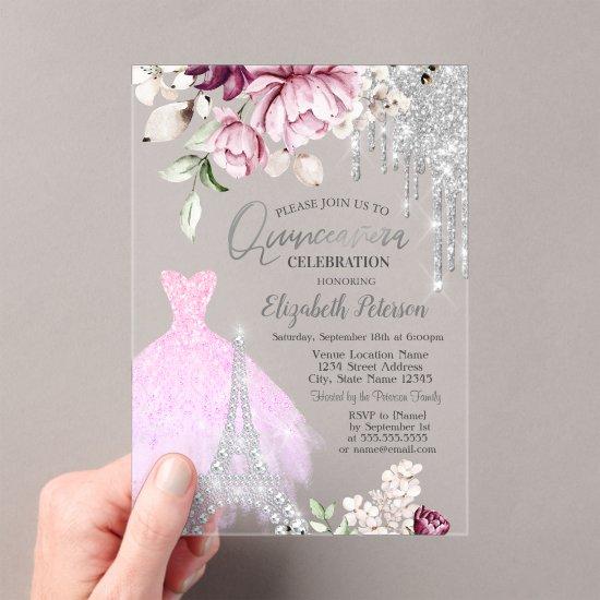 Drips,Dress,Eiffel Tower Lilac Roses Quinceañera Acrylic
