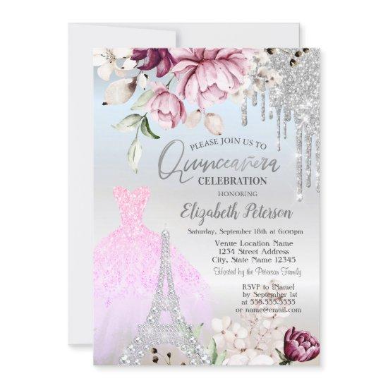 Drips,Dress,Eiffel Tower Lilac Roses Quinceañera