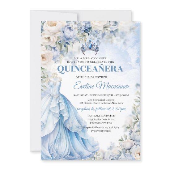Dusty Blue and Ivory Flowers Blue Princess Dress