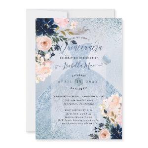Dusty Blue+Blush Roses Glitter Gown Quinceanera