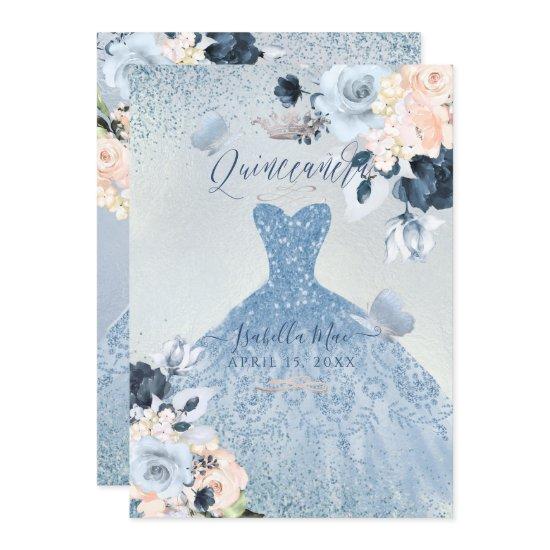 Dusty Blue+Blush Roses Glitter Gown Quinceanera
