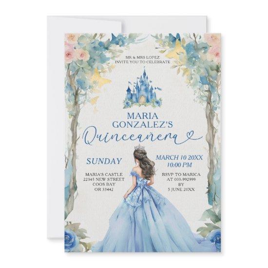 Dusty Blue Dress Castle Pink Floral Quinceañera