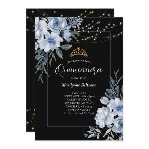 Dusty Blue Floral Black Quinceañera