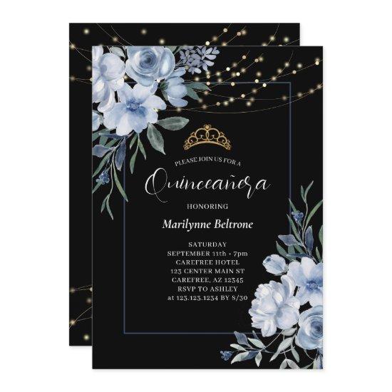 Dusty Blue Floral Black Quinceañera