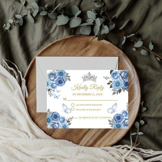 Dusty Blue Floral Butterfly  Gold Quinceanera RSVP Enclosure Card