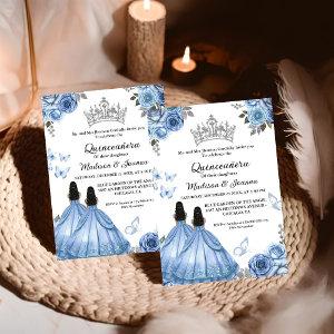 Dusty Blue Floral Butterfly Twin Girl Quinceanera