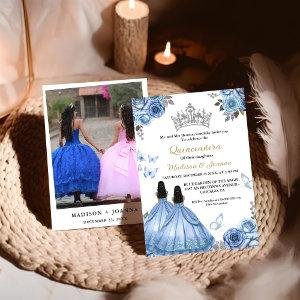 Dusty Blue Floral Butterfly Twin Girl Quinceanera