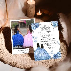 Dusty Blue Floral Butterfly Twin Girl Quinceanera
