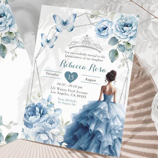 Dusty Blue Floral Mexican Princess Quinceañera